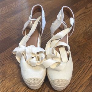 Cream Canvas Espadrille Wedges with Ankle Straps